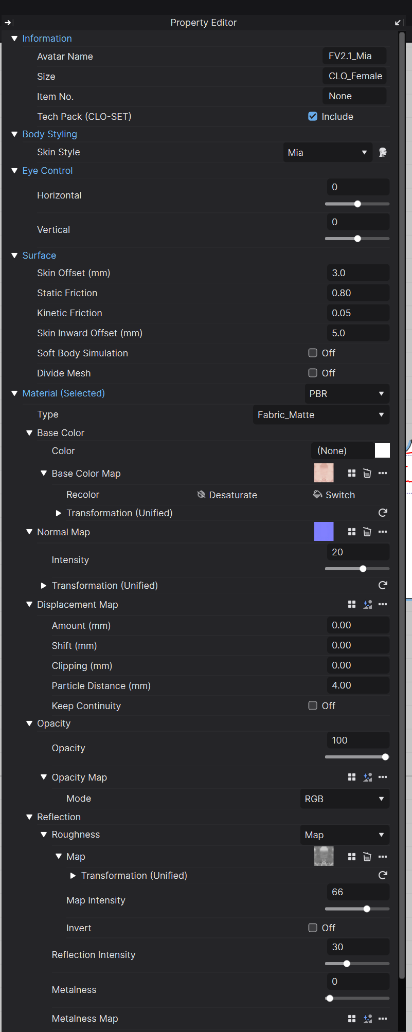 실제 CLO 2026.1 Avatar Property Editor. 3D 창에서 아바타를 선택하면 표시됩니다.