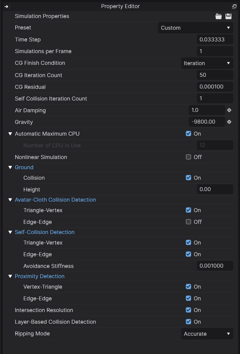 실제 CLO 2026.1 Simulation Properties. Object Browser의 Scene > Environment에서 선택합니다.