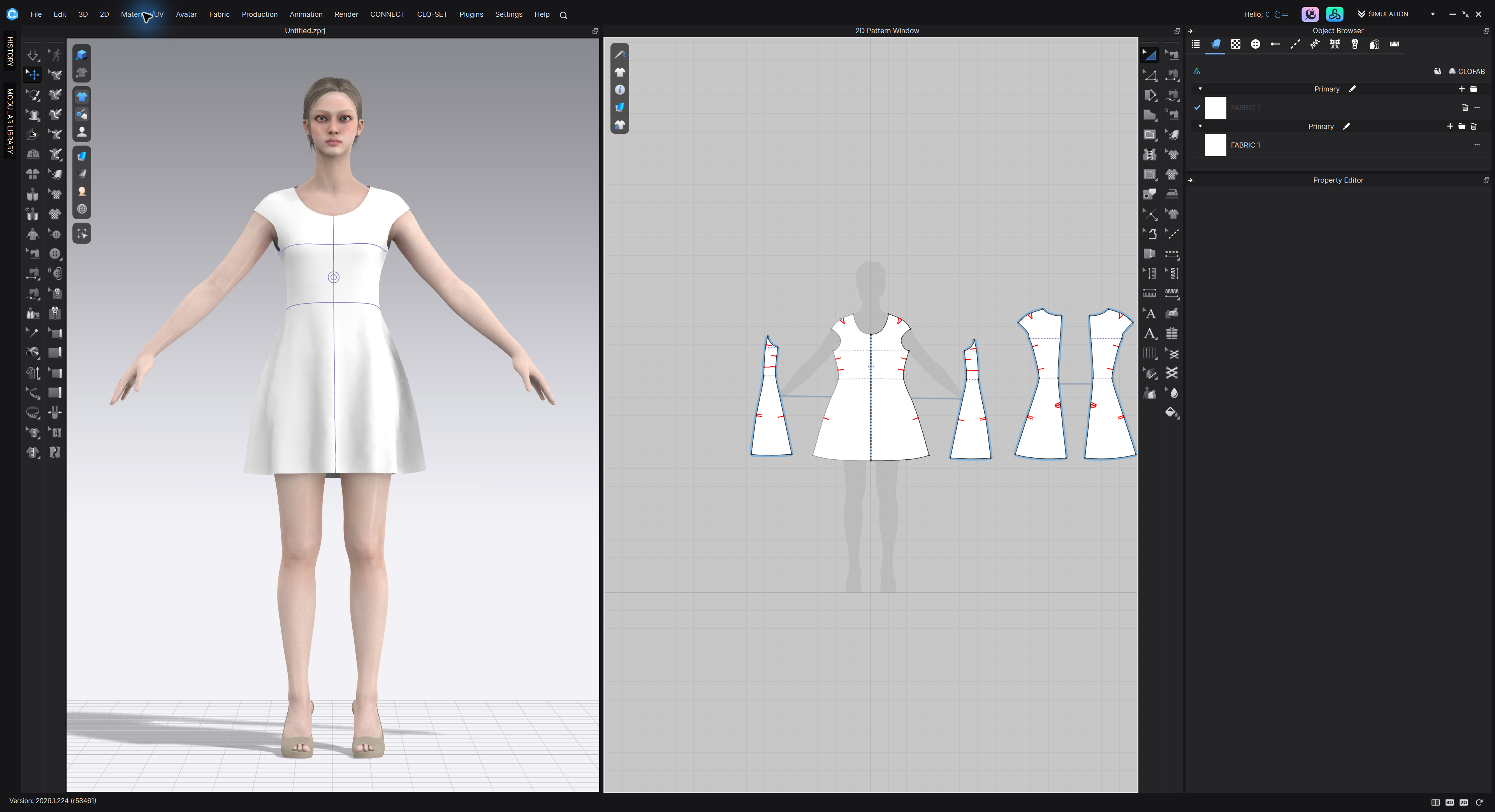 CLO 2026.1 전체 화면: 왼쪽 3D Garment Window, 가운데 2D Pattern Window, 오른쪽 Object Browser와 Property Editor